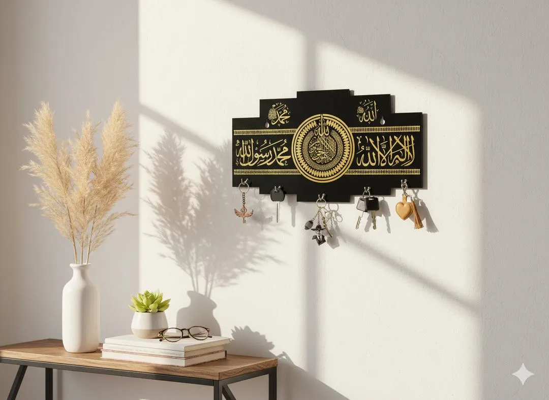 Islamic Kalma Calligraphy Key Holder Black Gold MDF Wall Mount